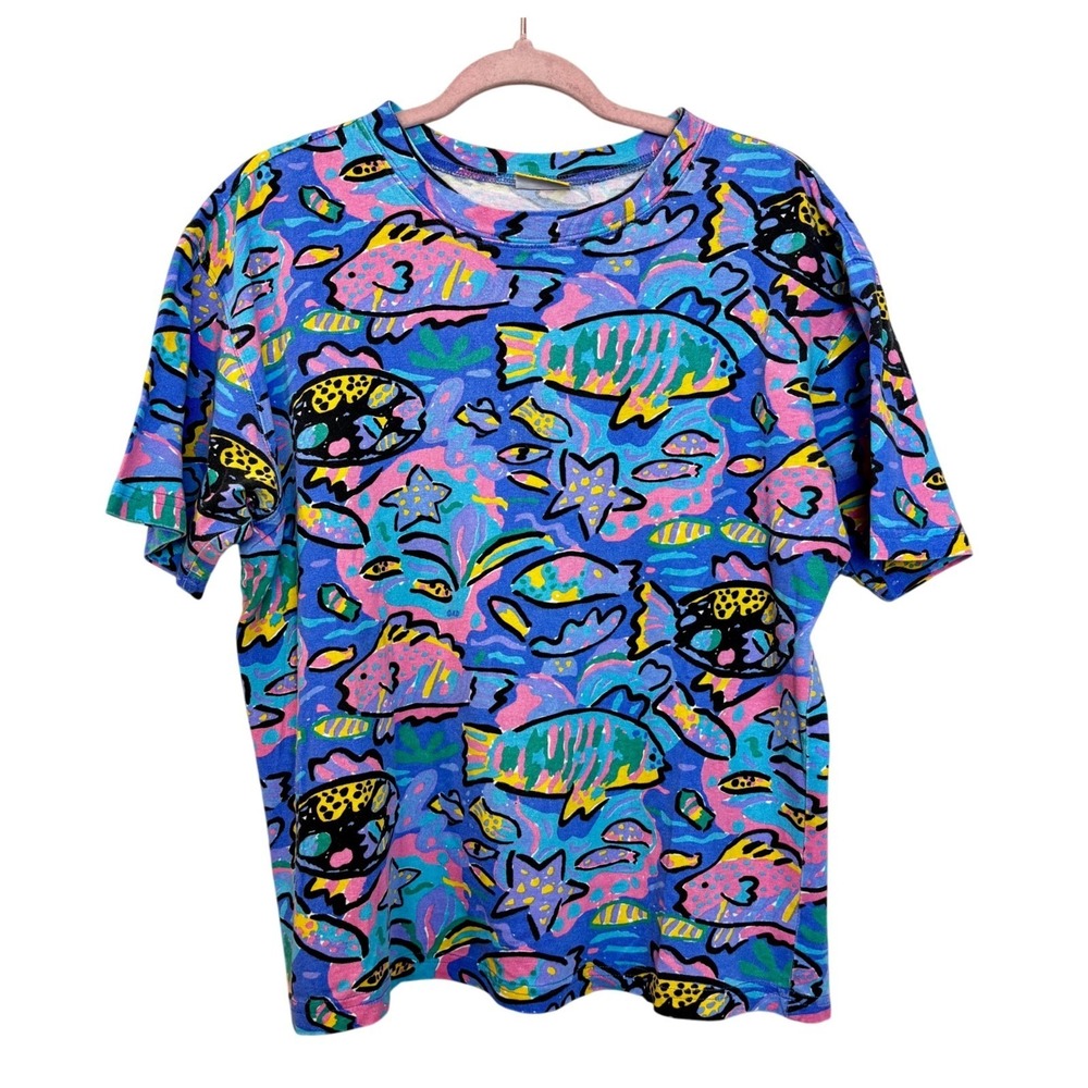 Ken Done Vintage AOP Novelty Print T-Shirt Blue Fish Pop Art Oceancore Deep Sea‎